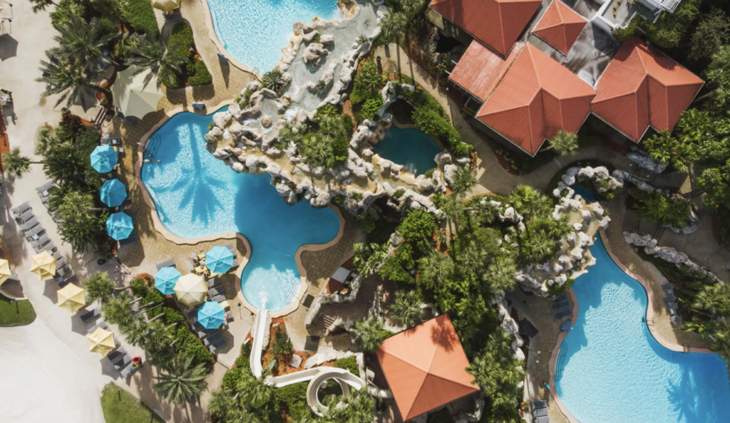 Aerial view of pool area of hotel